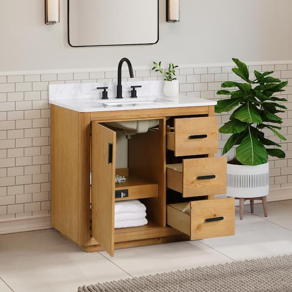 Perla 36 Single Bathroom Vanity in Natural Wood with Grain White Composite Stone Countertop Without Mirror