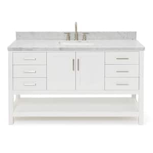 Magnolia 61 in. W x 22 in. D x 36 in. H Bath Vanity in White with Carrara Marble Vanity Top in White with White Basin