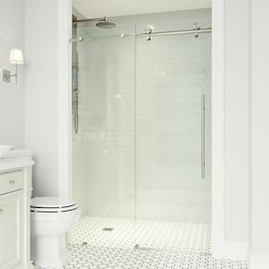 Elan E-Class 64 to 68 in. W x 76 in. H Sliding Frameless Shower Door in Stainless Steel with 3/8 in. (10mm) Clear Glass
