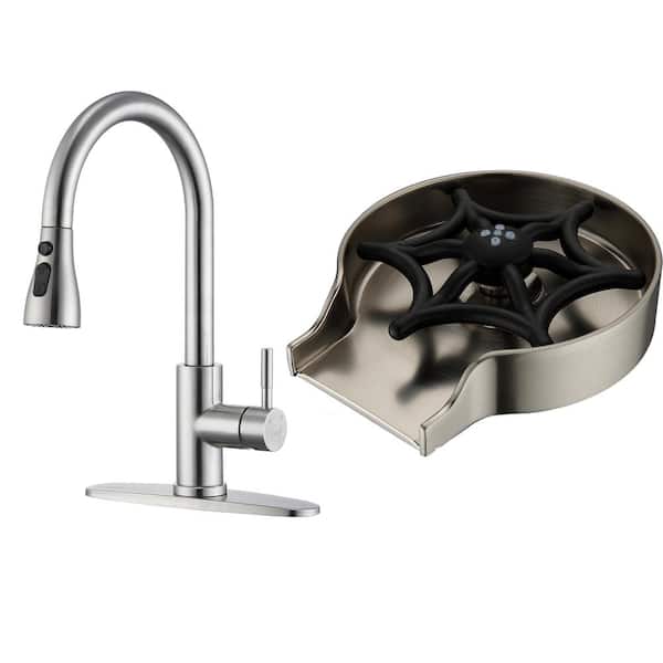 Single Handle Pull Down Sprayer Kitchen Faucet High Arc Stainless Steel Faucet with Glass Rinser in Brushed Nickel