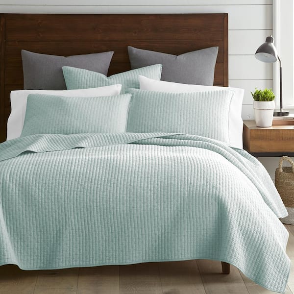 LEVTEX HOME Cross Stitch Blue Haze 3-Piece Solid Cotton Full/Queen Quilt Set