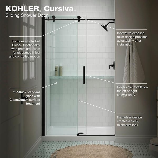 KOHLER Cursiva 44-48 in. W x 78 in. H Sliding Frameless Shower Door in Matte Black