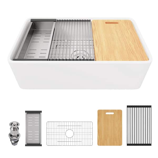 Derbyshire 33 in. Ceramic Single Bowl Farmhouse Apron Workstation Kitchen Sink with Accessories in White