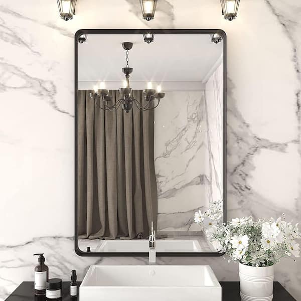 24 in. W x 36 in. H Rectangular Aluminum Framed Wall Bathroom Vanity Mirror in Black