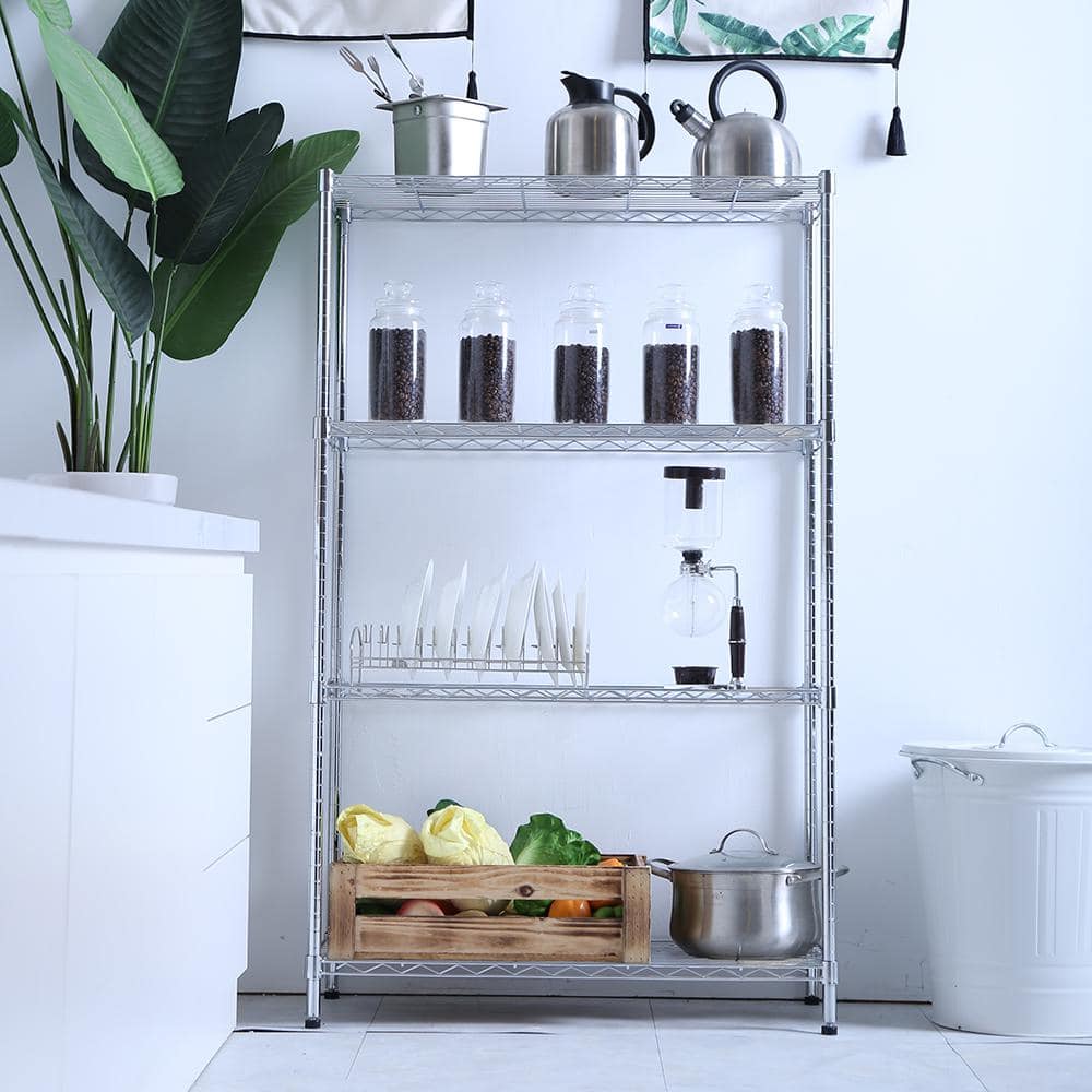 Adjustable 4-Tier Chrome Wire Utility Shelving Unit