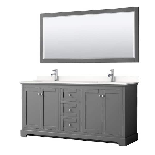 Wyndham Collection Avery 72 in. W x 22 in. D x 35 in. H Double Bath Vanity in Dark Gray with White Quartz Top and 70 in. Mirror