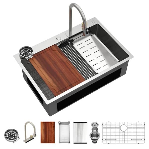 33 in. Drop-In Single Bowl 16-Gauge Stainless Steel Workstation Kitchen Sink with Flying Rain Faucet and Cup Washer