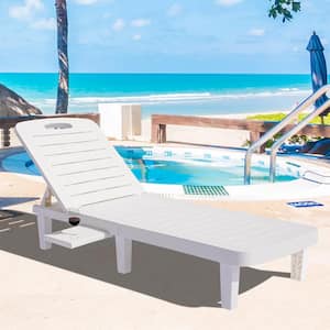 1-Piece Plastic Outdoor Chaise Lounge with Retractable Tray, 5-Level Adjustable Patio Lounge Recliner Chair
