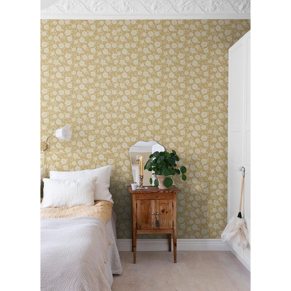 Mustard and White Floral Non-Woven Wallpaper Roll