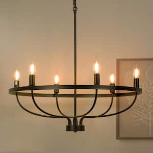 6-Light Industrial Style Wagon Wheel Black Candle Chandelier for Dining Room Hallway