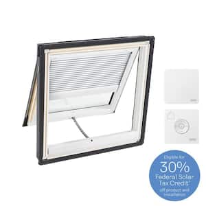 21 in. x 26-7/8 in. Venting Deck Mount Skylight with Laminated Low-E3 Glass, White Solar Powered Room Darkening Shade