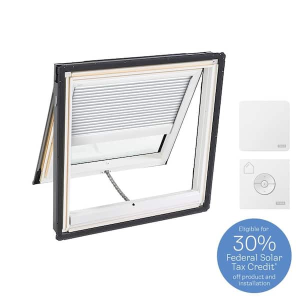 VELUX 21 in. x 26-7/8 in. Venting Deck Mount Skylight with Laminated Low-E3 Glass and White Solar Powered Room Darkening Blind