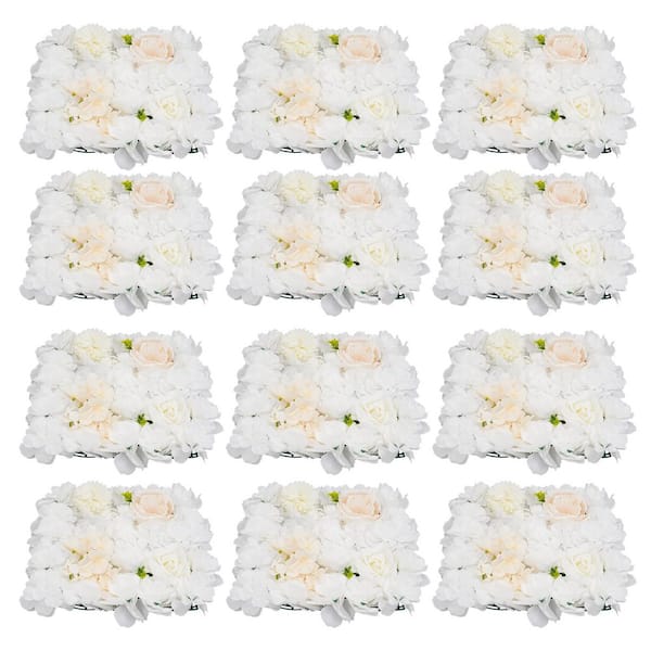 15 in. White Artificial Hydrangea Flower Wall Panels Wedding Photography Backdrop Decorations (Set of 12)
