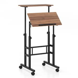 24 in. Walnut Mobile Standing Desk Rolling Adjustable Laptop Cart Home Office