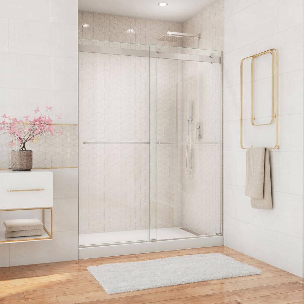 DreamLine Essence 56 in. to 60 in. x 76 in. Semi-Frameless Sliding Shower  Door in Brushed Nickel with Clear Glass SHDR-6360760-04 - The Home Depot