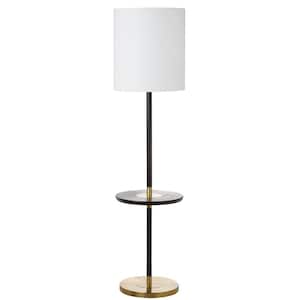 Janell 65 in. Black Floor Wood Lamp with Attached End Table and White Shade