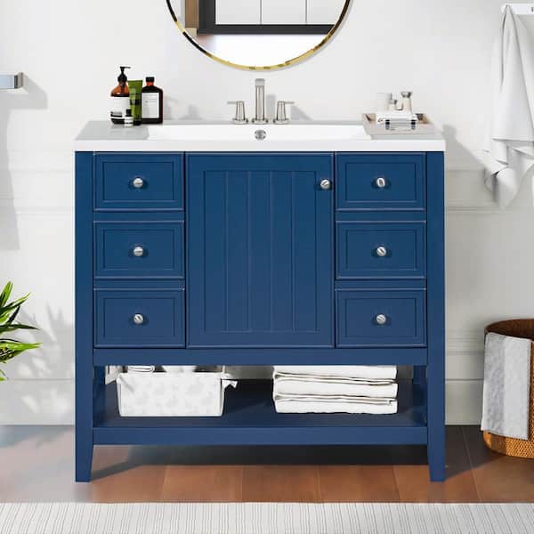 36 in. Single Sink Freestanding Blue Bath Vanity with White Ceramic Top, 3 Drawers, Open Shelf, Unassembled