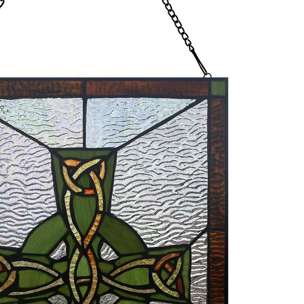Green and Amber Stained Glass Celtic Cross Window Panel, 18" x 12"