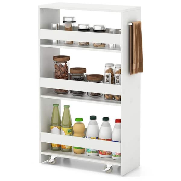 White Engineered Wood Kitchen Cart with Natural Wood Top and Open Shelves