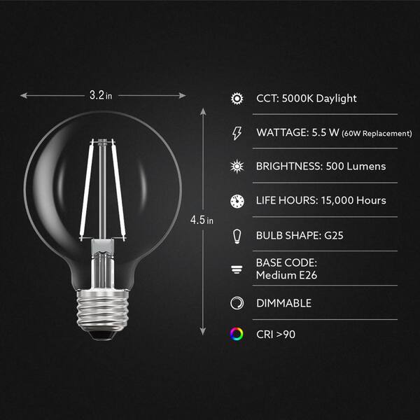 100-Watt Equivalent G25 Dimmable Filament CEC White Glass Vanity Globe E26  LED Light Bulb, Soft White 2700K (3-Pack)