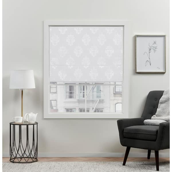 EXCLUSIVE HOME Marseilles Damask White Cordless Total Blackout Polyester Roman Shade 23 in. W x 64 in. L