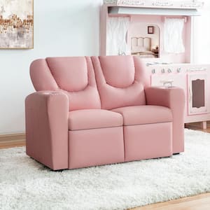 Pink Recline, Relax, Rule Kids' Comfort Champions, Push Back Kids Loveseat with Footrest & Cup Holders, PVC Fabric