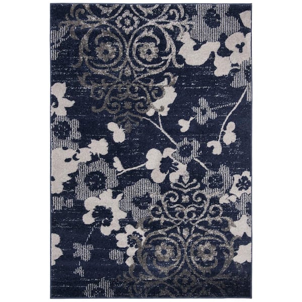 Adirondack Navy/Silver 5 ft. x 8 ft. Floral Area Rug