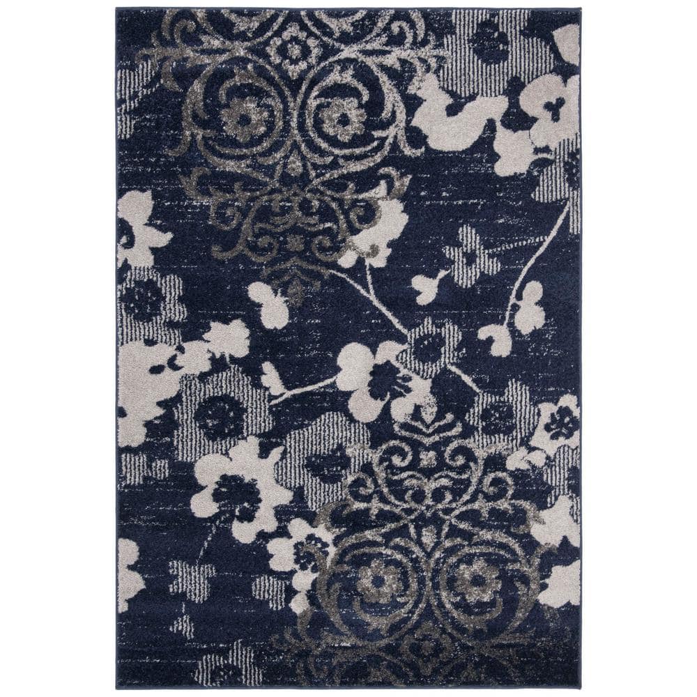 Navy and Silver Floral Synthetic Rectangular Area Rug, 8' x 10'