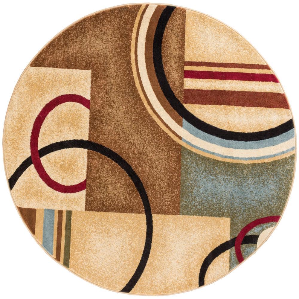 Ivory and Multicolor Round Geometric Area Rug 5'3"