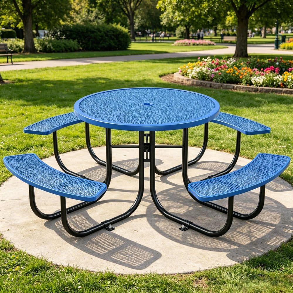 78.7 in. W Blue Round Steel 8-Person Outdoor Picnics Table and Chair Set with Umbrella Hole for Backyard and Garden price history on PriceWatchPro