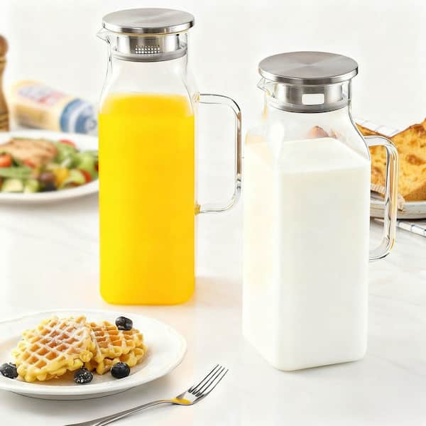 Wudkey 2-Pack 40 fl. oz. Square Clear Borosilicate Glass Pitcher with Lid and Handle for Hot and Cold Beverages