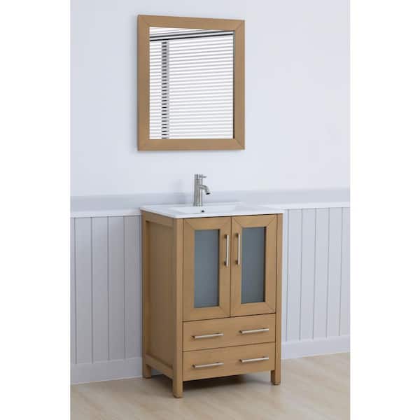 24 in. W x 18.1 in. D x 35.8 in. H Single Basin Natural Oak Bath Vanity with White Ceramic Top and Mirror