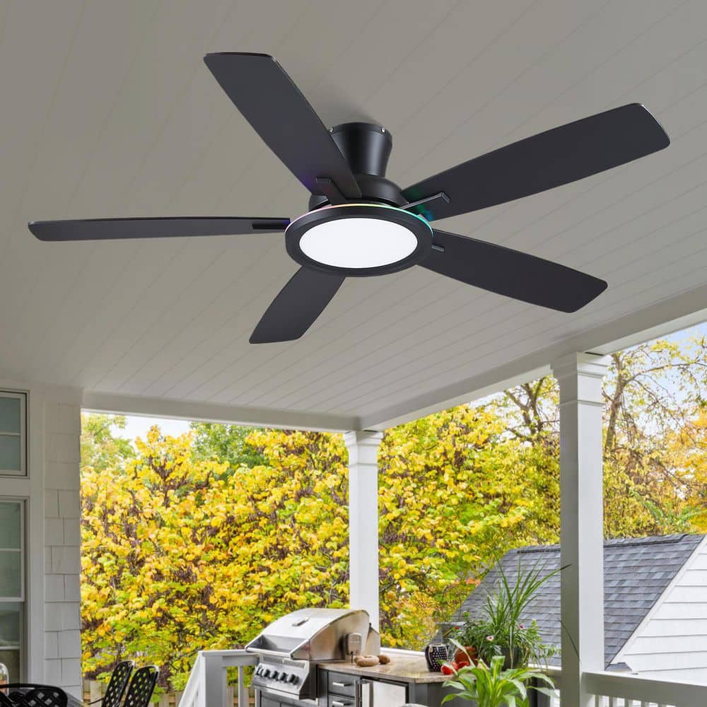 52 in. Indoor Black Flush Mount Modern Ceiling Fan with Remote Control Integrated RGB LED CCT Dimmable Noiseless price history on PriceWatchPro