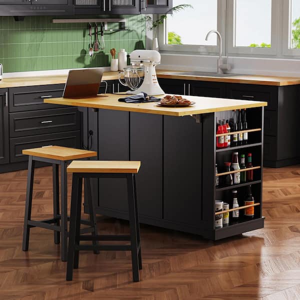 Timussi Black Rubber wood Kitchen Cart with Drop Leaf and Power Outlet