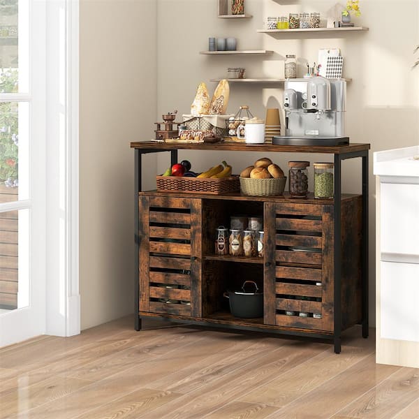 Rustic Brown Wood Top 39.5" Buffet Cabinet Kitchen Storage Cabinet with 3-Adjustable Shelves Anti-Tipping Kits and Doors