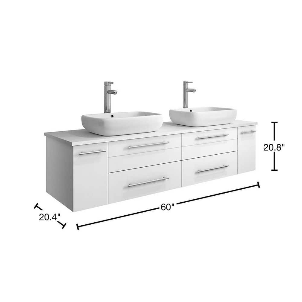 Modern 60" White Quartz Stone Double Vessel Sink Wall-Mount Vanity