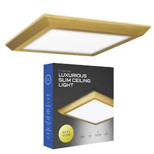 Ultra-Slim Luxurious Edge-Lit 7 in. Square Brass, 4000K LED Easy Installation Ceiling Light Flush Mount (1-Pack)