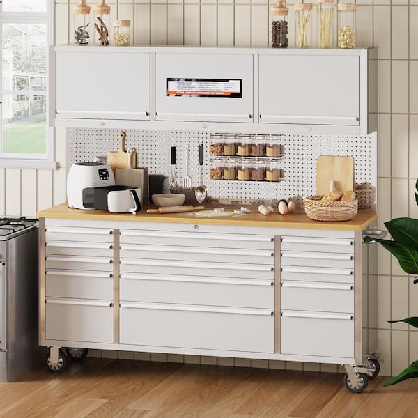 72 in. Stainless Steel Mobile Workbench Cabinet with Wheels, 15