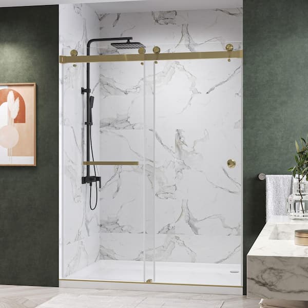 Catalyst FP 60 in. W x 84 in. H Double Sliding Frameless Shower Door in Brushed Bronze with 3/8 in. Clear Glass