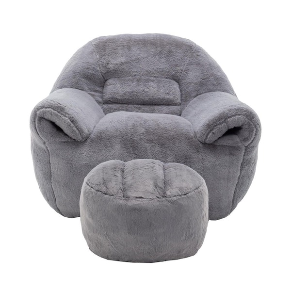 Dark Gray Faux Fur Bean Bag with Footstool, Foam Filler Floor Sofa Chair for Dorm, Apartment, Living Room