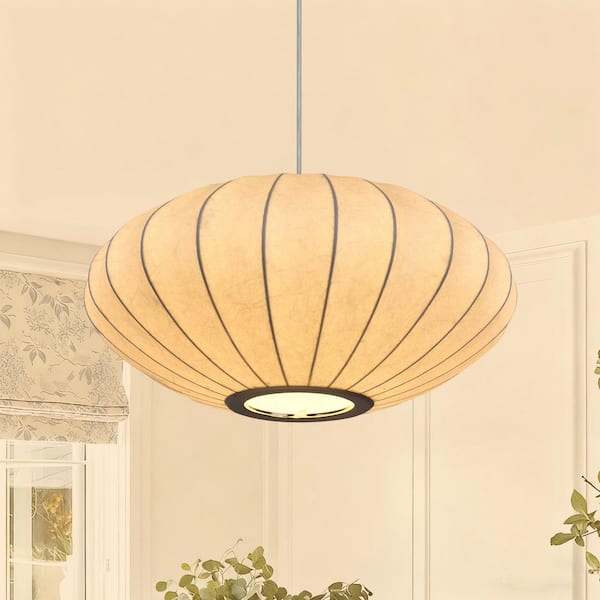 60-Watt 1-Light White Modern Natural Silk Lantern-style Pendant Light with Rib Fabric Shade and No Bulbs Included