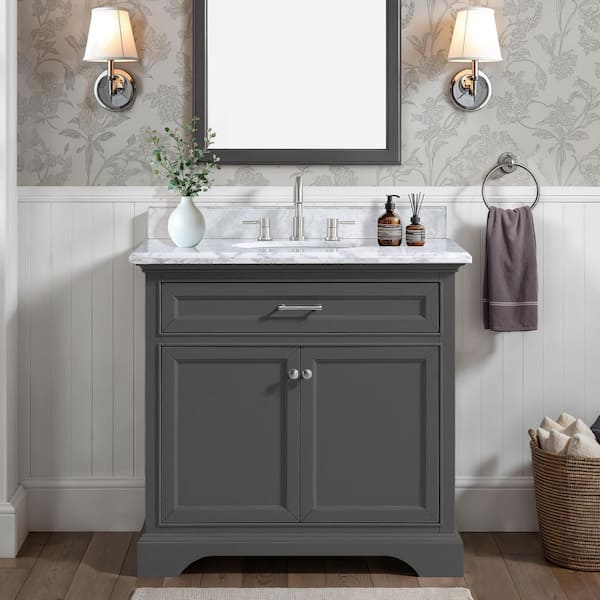 Windlowe 37 in. Single Sink Gray Bath Vanity with White Carrara Marble Top (Assembled)