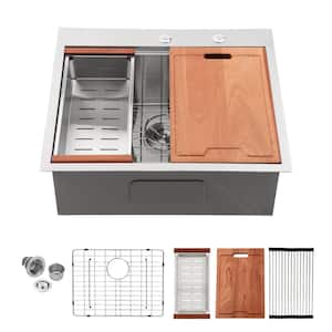 Brushed Nickel Stainless Steel 28 in. Single Bowl Drop-in Kitchen Sink with Workstation