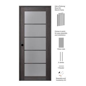 Paola 28 in. x 80 in. Right-Handed 5-Lite Frosted Glass Solid Core Gray Oak Wood Single Prehung Interior Door