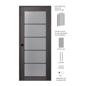 Paola 30 in. x 80 in. Right-Handed 5-Lite Frosted Glass Solid Core Gray Oak Wood Single Prehung Interior Door