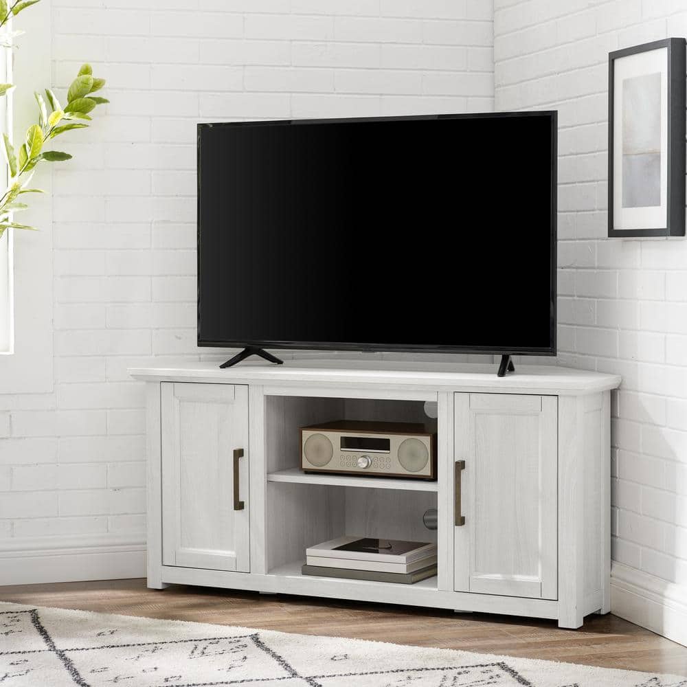 Whitewash Corner TV Stand with Cabinets and Open Storage