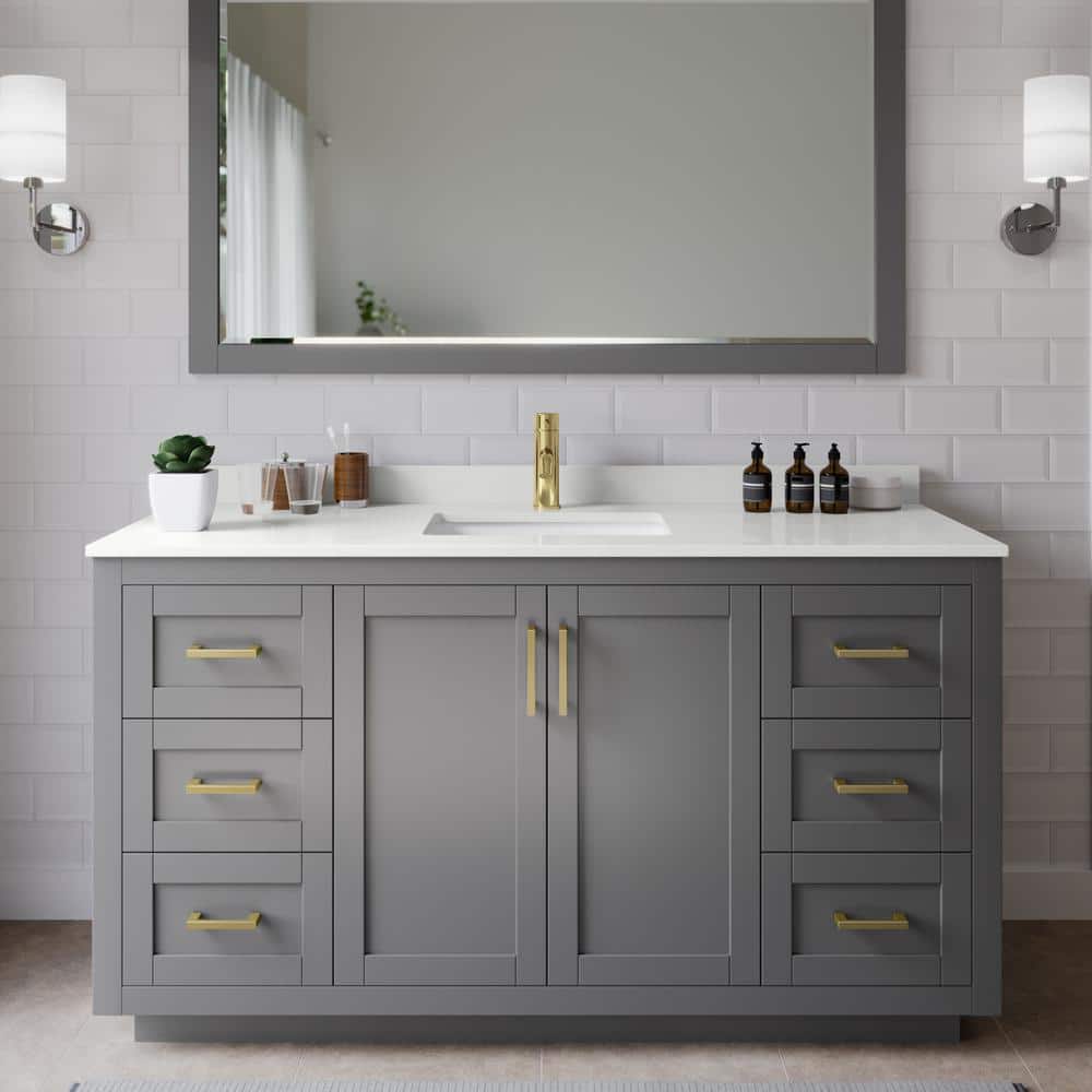 Miranda 60 in. W x 22 in. D x 33.75 in. H Single Bath Vanity in Dark Gray with White Quartz Top and 58 in. Mirror price history on PriceWatchPro