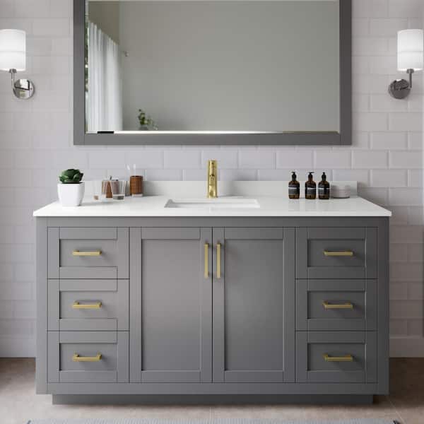 Wyndham Collection Miranda 60 in. W x 22 in. D x 33.75 in. H Single Bath Vanity in Dark Gray with White Quartz Top and 58 in. Mirror