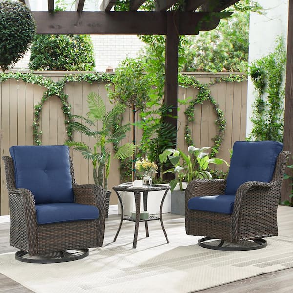 Opohoro ArcoBay 3-Piece Brown Wicker Swivel Outdoor Rocking Chairs Patio Conversation Set with Olefin Blue Cushions