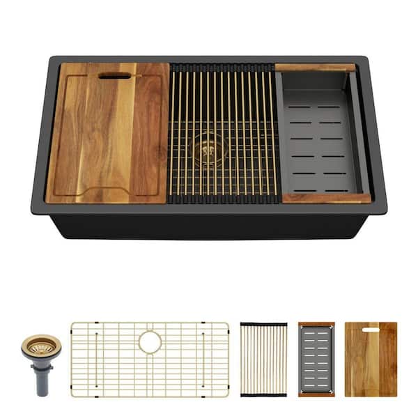 30 in. Undermount Sink Granite/Quartz Composite Single Bowl Wrokstation Kitchen Sink in Black with Gold Accessories